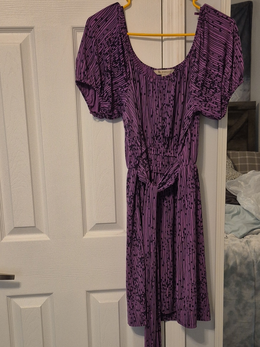 BCBG Purple Short-Sleeve Tie-Waist Midi Dress